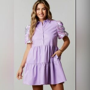 NWT Women’s PEACH LOVE lavender sequin sleeve babydoll dress- Size large